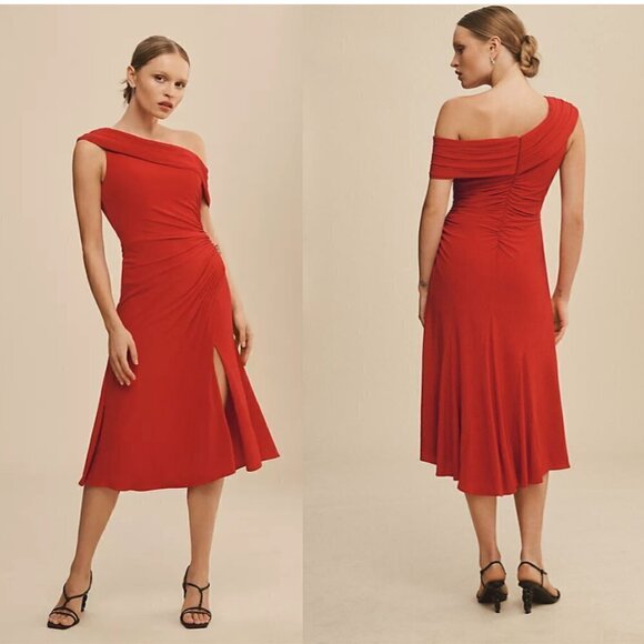 MAC DUGGAL Ruched Off-The-Shoulder Midi Dress in Red Size US 4 - Picture 1 of 11